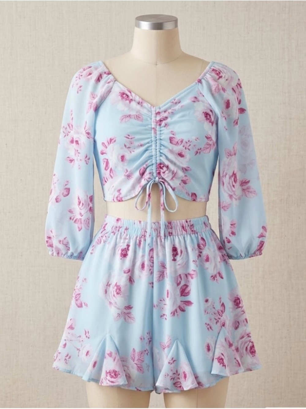 Rare Editions Light Blue Floral Crop Top & Skirt short Set